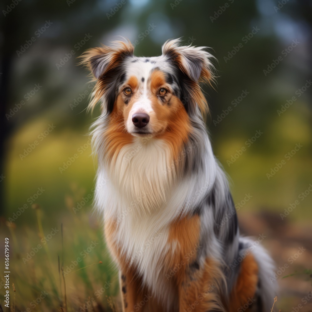 Australian Shepherd dog portrait on a summer day. Portrait of an Australian Shepherd dog sitting in a grassy green field. Outdoor portrait of a beautiful sheepdog in a summer field. AI generated.