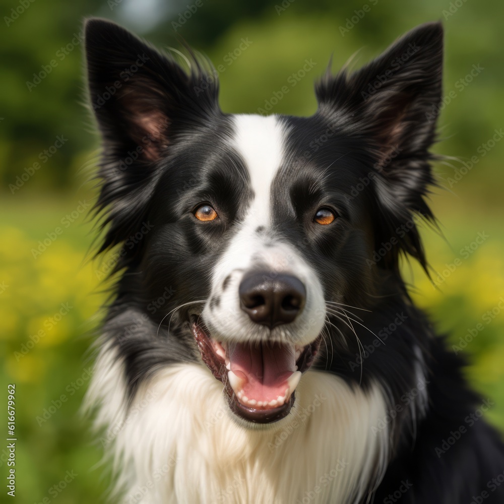 Border Collie dog portrait in a sunny summer day. Closeup portrait of a purebred Border Collie dog in the field. Outdoor Portrait of a beautiful Border Collie dog in summer field. AI generated
