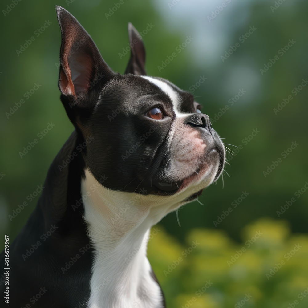 Profile portrait of a purebred Boston Terrier dog in the nature. Boston Terrier dog portrait in a sunny summer day. Outdoor Portrait of a beautiful Boston Terrier dog in a summer field. AI generated