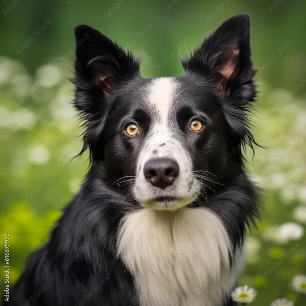 Border Collie dog portrait in a sunny summer day. Closeup portrait of a purebred Border Collie dog in the field. Outdoor Portrait of a beautiful Border Collie dog in summer field. AI generated