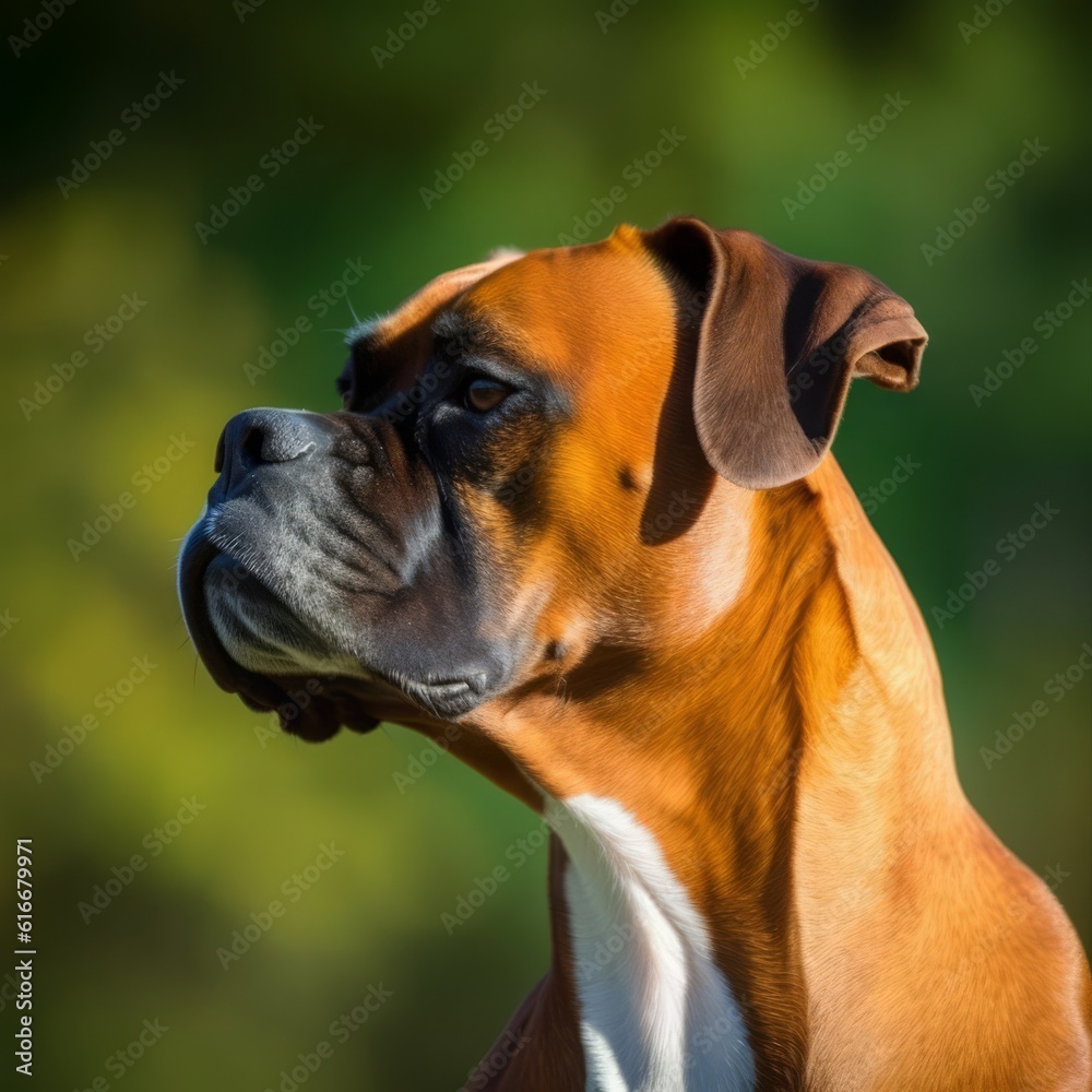Profile portrait of a purebred Boxer dog in the nature. Boxer dog portrait in a sunny summer day. Outdoor Portrait of a beautiful Boxer dog in a summer field. AI generated