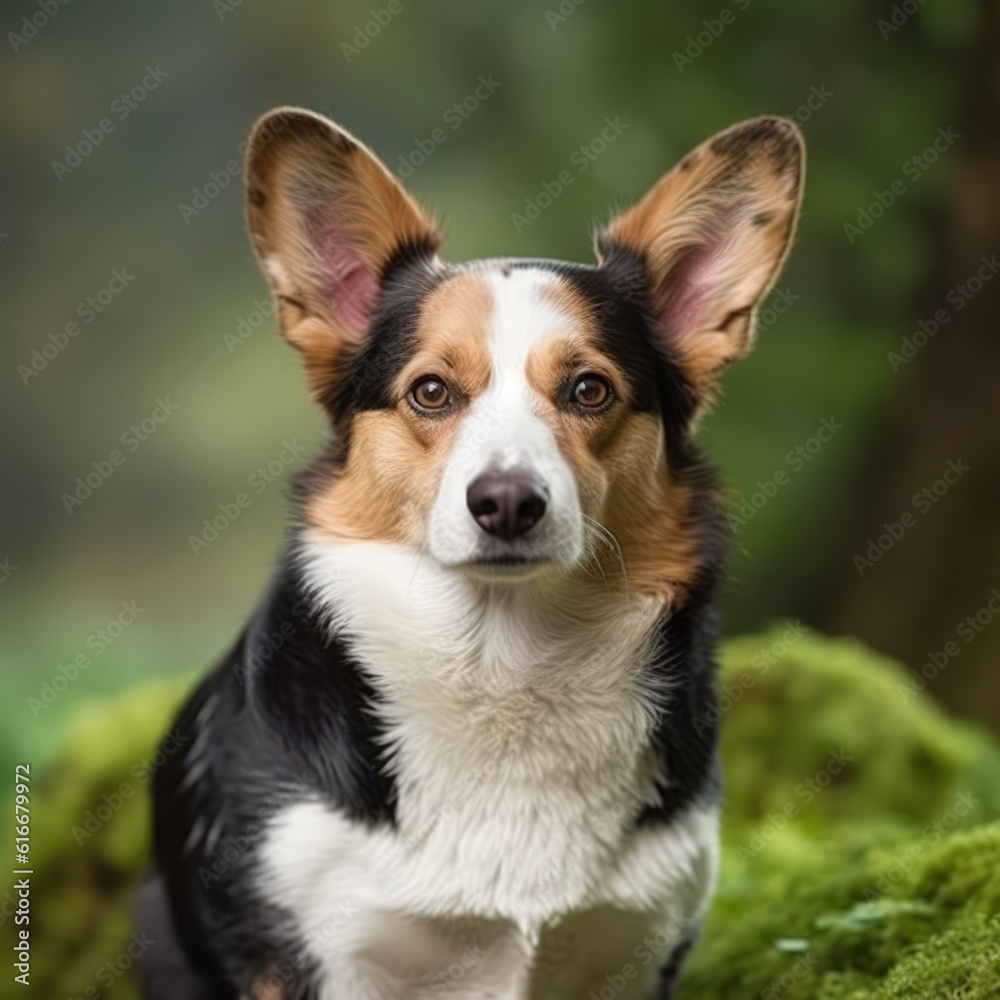 Cardigan Welsh Corgi dog portrait in a sunny summer day. Closeup portrait of a purebred Cardigan Welsh Corgi dog in the field. Outdoor Portrait of a beautiful Corgi dog in summer field. AI generated Cardigan Welsh Corgi dog portrait in a sunny summer day. Closeup portrait of a purebred Cardigan Welsh Corgi dog in the field. Outdoor Portrait of a beautiful Corgi dog in summer field. AI generated