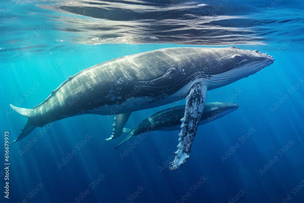 Fototapeta premium A humpback whale supports her very young calf near the ocean's surface