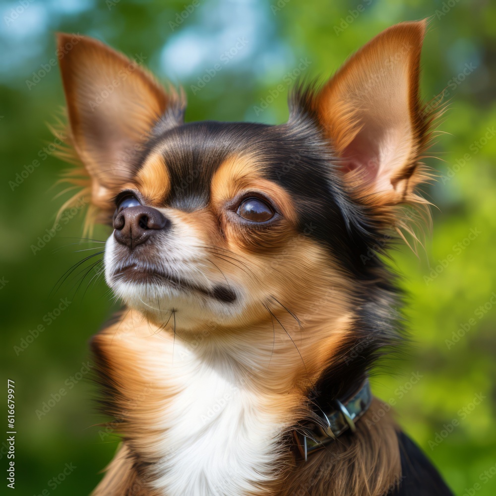 Chihuahua dog portrait in a sunny summer day. Closeup portrait of a Chihuahua dog in the field. Outdoor Portrait of a beautiful Chihuahua dog in summer field. AI generated