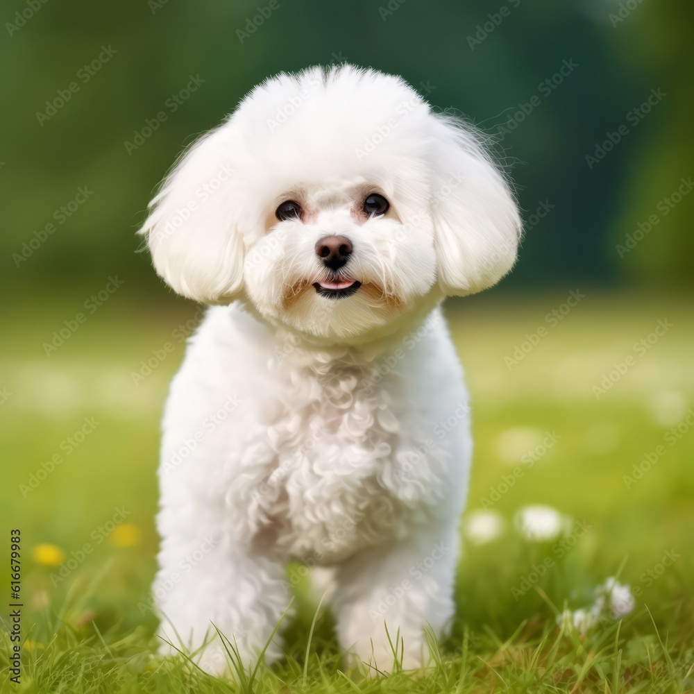 Bichon Frise dog portrait on a summer day. Portrait of a Bichon Frise dog standing in a grassy green field. Outdoor portrait of a beautiful Bichon Frise dog in a summer field. AI generated.