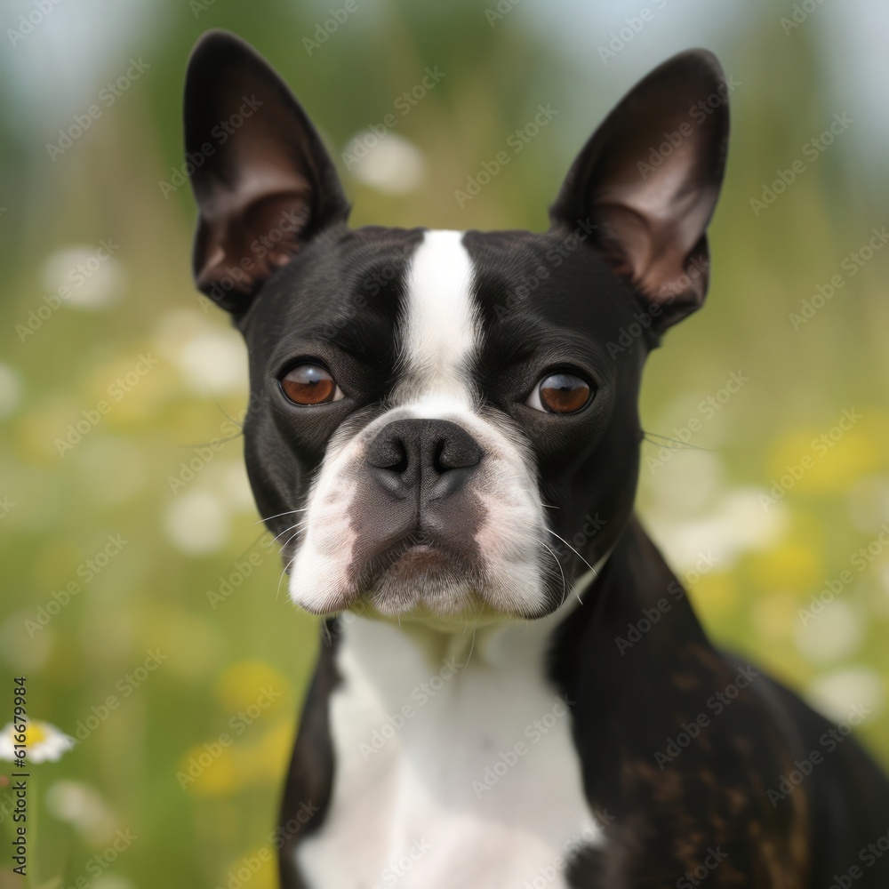 Boston Terrier dog portrait in a sunny summer day. Closeup portrait of a purebred Boston Terrier dog in the field. Outdoor Portrait of a beautiful Boston Terrier dog in summer field. AI generated