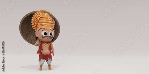 3d render onam festival with king mahabali character in purple background photo