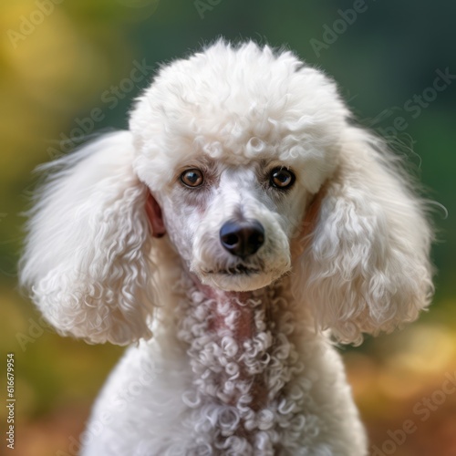 Poodle dog portrait in a sunny summer day. Closeup portrait of a purebred Poodle dog in the field. Outdoor Portrait of a beautiful Poodle dog in summer field. AI generated © Valua Vitaly