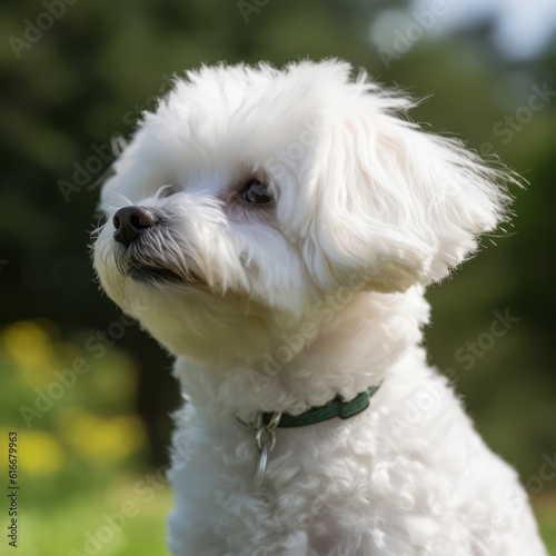 Profile portrait of a purebred Bichon Frise dog in the nature. Bichon Frise dog portrait in a sunny summer day. Outdoor Portrait of a beautiful Bichon Frise dog in a summer field. AI generated