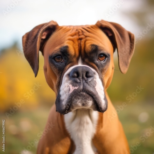 Boxer dog portrait in a sunny summer day. Closeup portrait of a purebred Boxer dog in the field. Outdoor Portrait of a beautiful Boxer dog in summer field. AI generated © Valua Vitaly