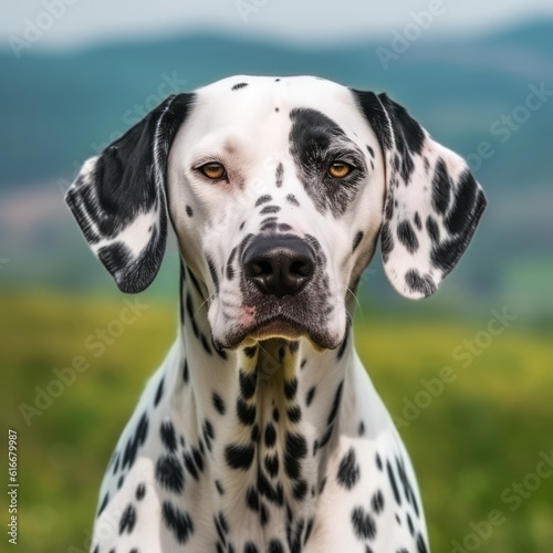 Dalmatian dog portrait in a sunny summer day. Closeup portrait of a Dalmatian dog in the field. Outdoor Portrait of a beautiful Dalmatian dog in summer field. AI generated