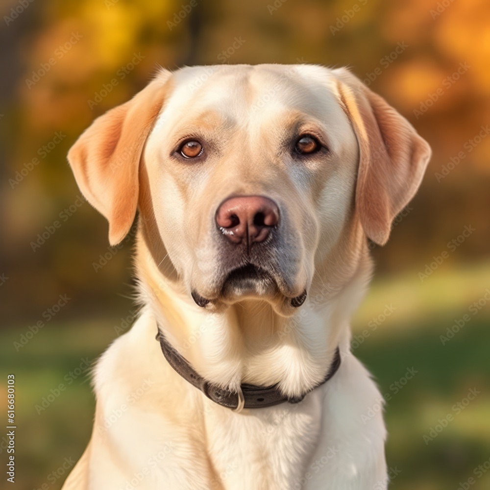 Labrador Retriever dog portrait in a sunny summer day. Closeup portrait of a Labrador Retriever dog in the field. Outdoor Portrait of a beautiful Labrador Retriever dog in summer field. AI generated