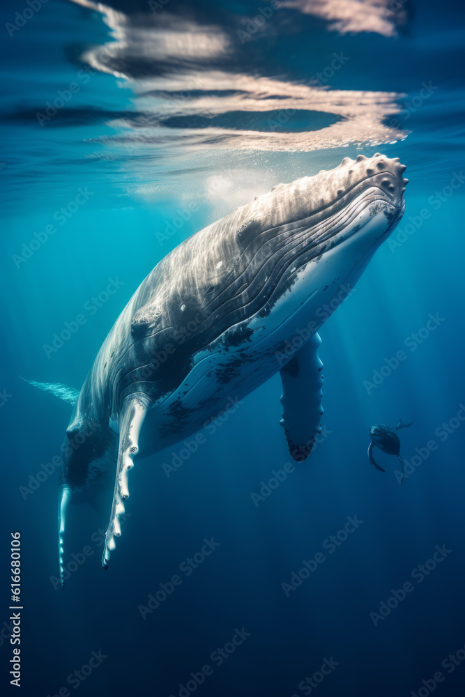 Fototapeta premium A humpback whale supports her very young calf near the ocean's surface
