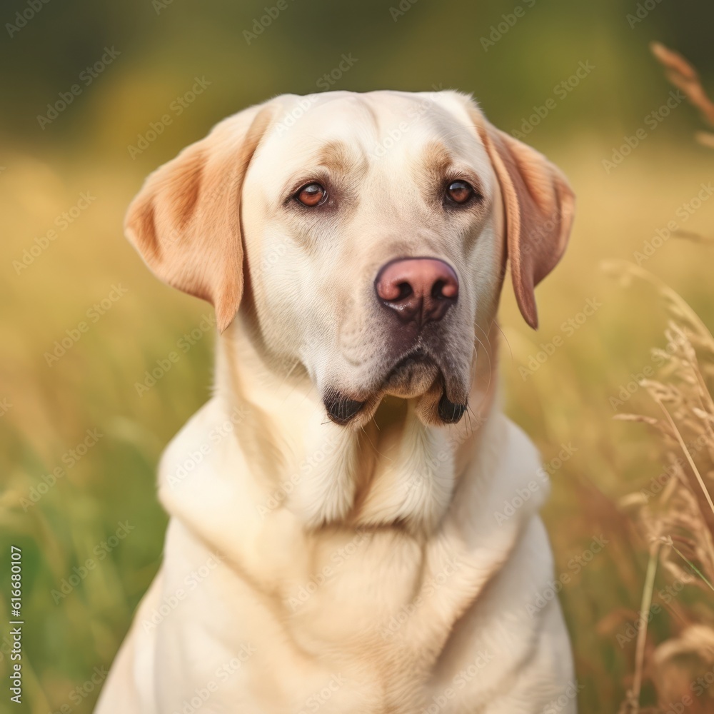 Profile portrait of a purebred Labrador Retriever dog in the nature. Labrador Retriever dog portrait in a sunny summer day. Outdoor portrait of a beautiful Labrador dog in a summer field. AI generated