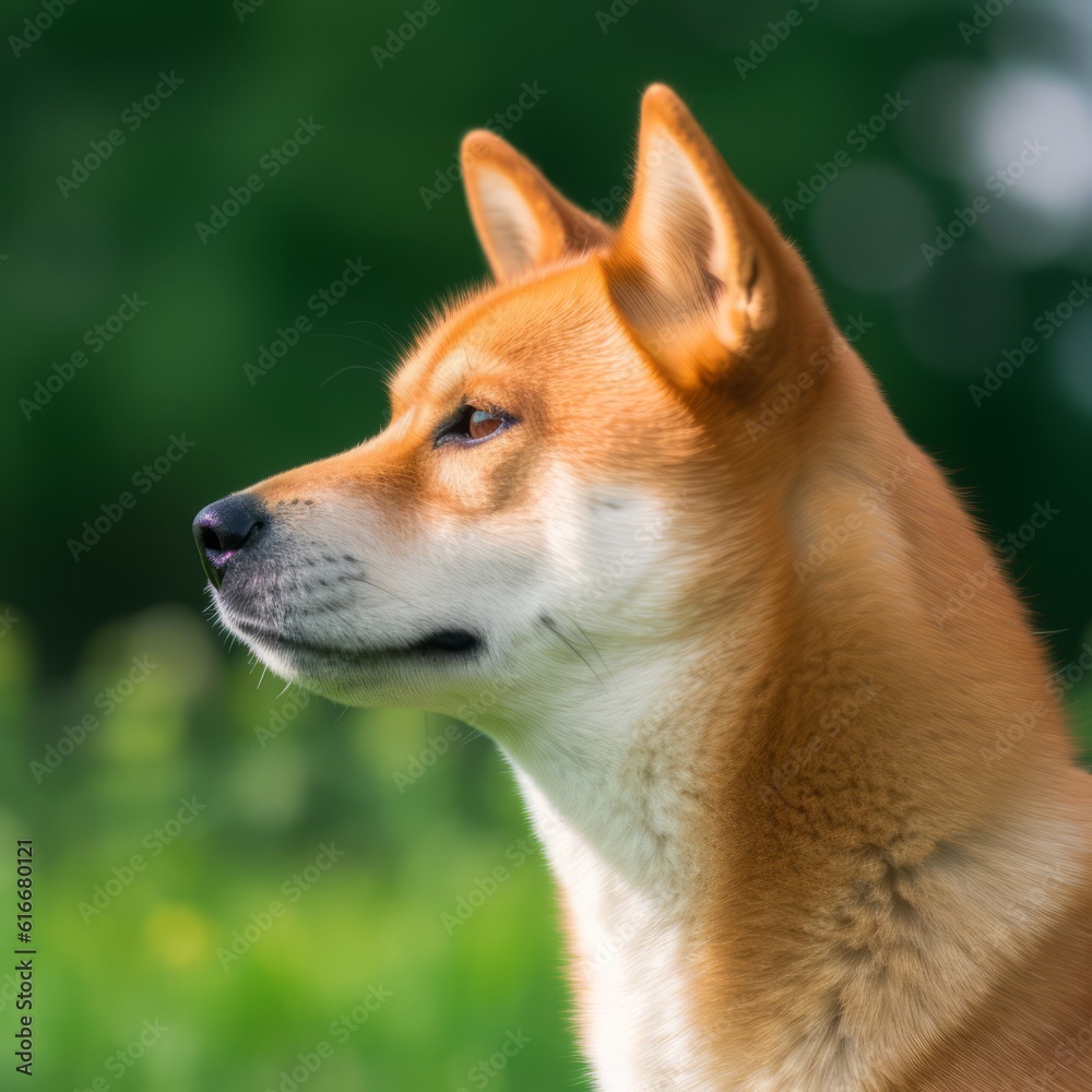 Profile portrait of a purebred Shiba Inu dog in the nature. Shiba Inu dog portrait in a sunny summer day. Outdoor portrait of a beautiful Shiba Inu dog in a summer field. AI generated