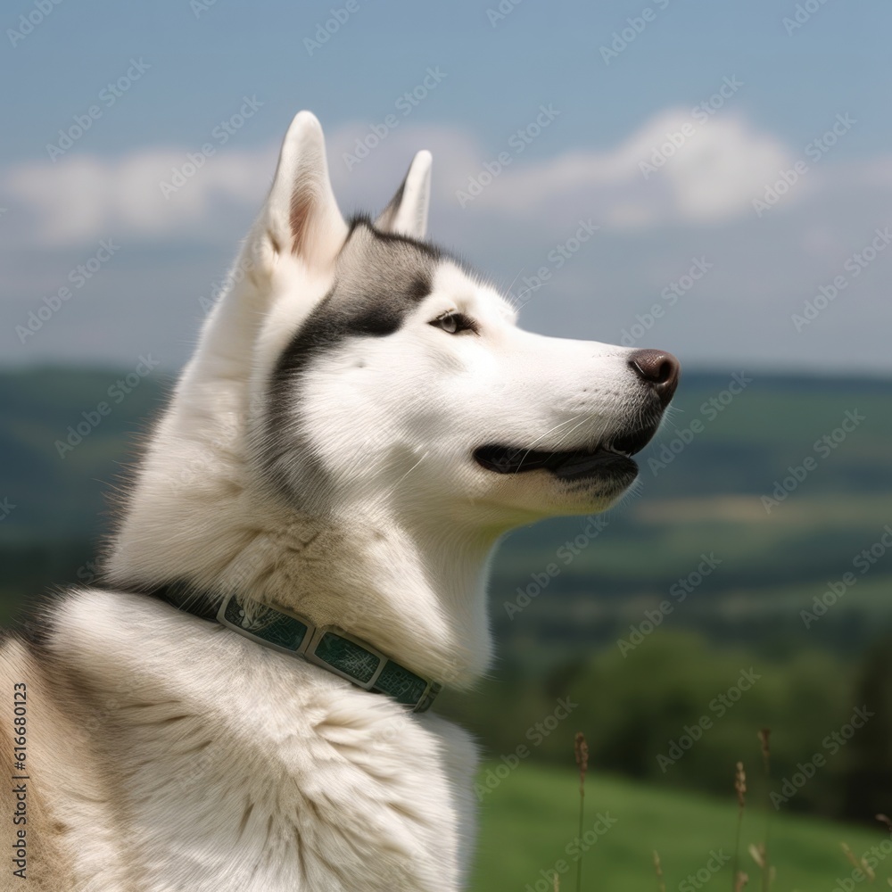 Stock-illustrationen Profile portrait of a purebred Siberian Husky dog in  the nature. Siberian Husky dog portrait in a sunny summer day. Outdoor  portrait of a beautiful Siberian Husky dog in a summer