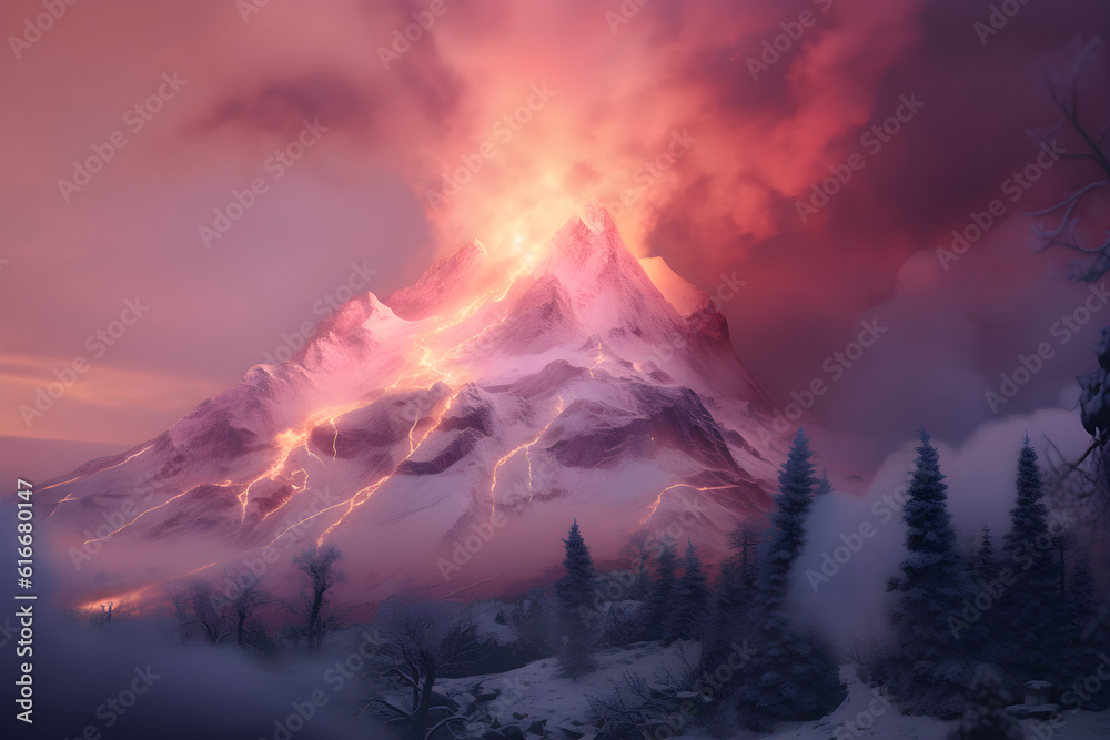 Radiant Peaks: Pink Fire inside a Hyper-Realistic Snowy Mountain