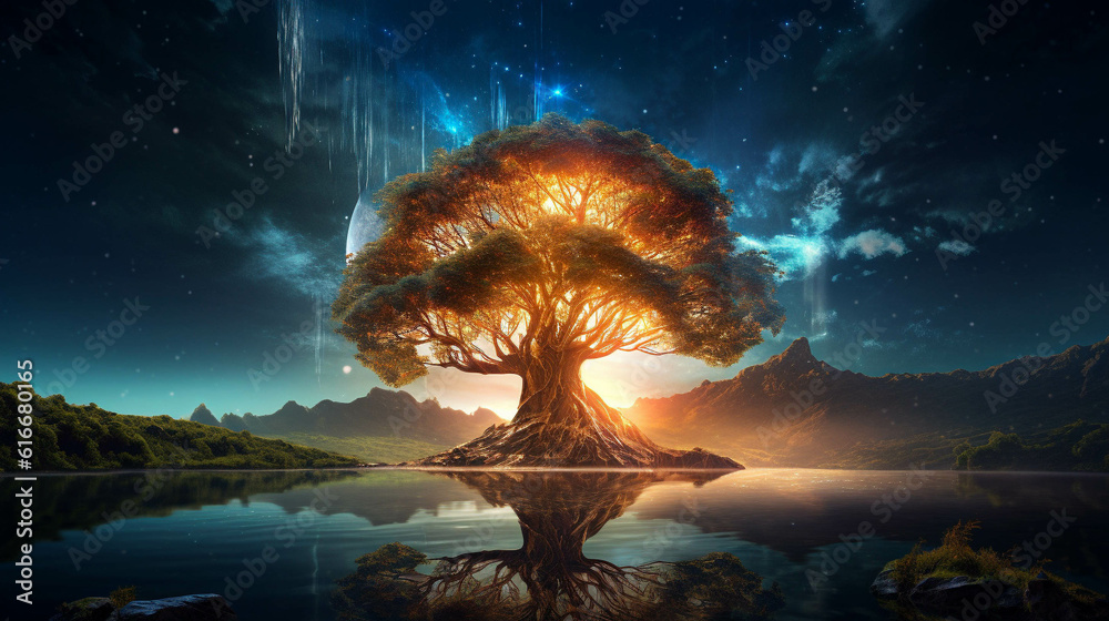 Colorful Glowing Yggdrasil Tree Of Life. World Tree Of Norse And Viking Mythology. Generative AI