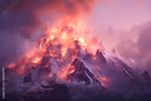 Radiant Peaks: Pink Fire inside a Hyper-Realistic Snowy Mountain