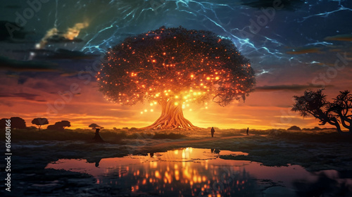Yggdrasil The Glowing Tree of Life. olorful Sacred World Tree Of Norse Mythology. Generative AI