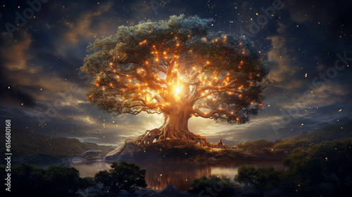 Fotografia Glowing Yggdrasil Tree of Life in Norse Mythology