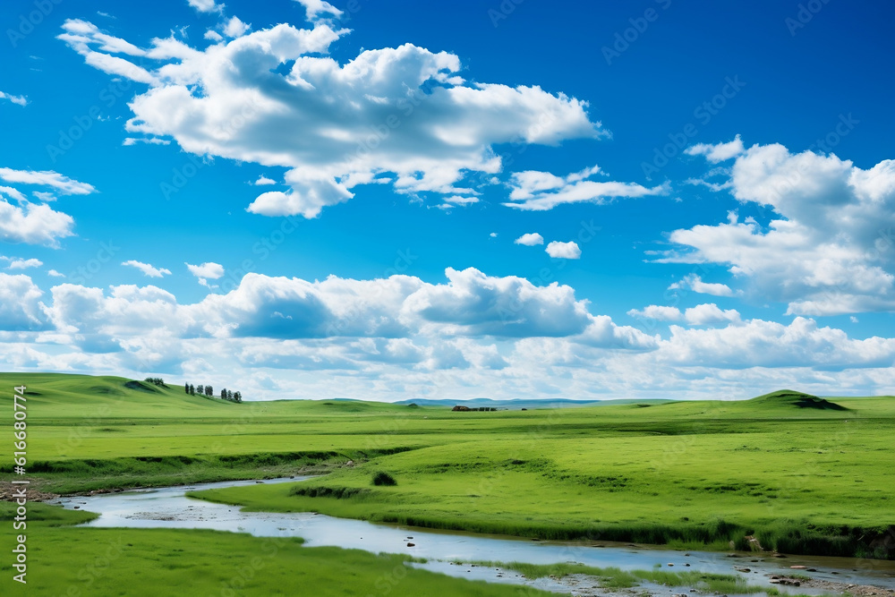 photo of blue sky and green steppe
