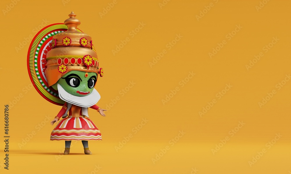 3d render onam festival with Kathakali character in yellow background