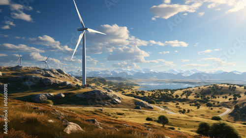 Wind generator on sky background. Wind generator power plant, Generative AI.
