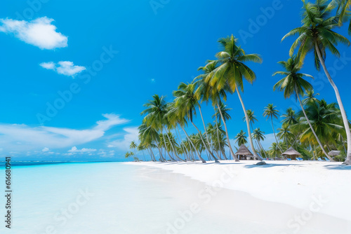 photo of long rows of coconut trees on the white sandy bea