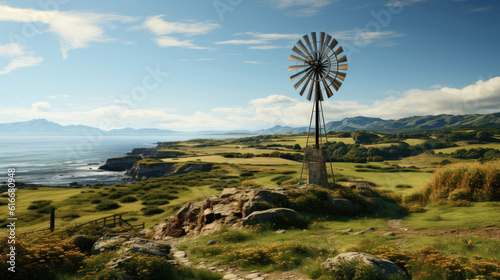 Wind generator on sky background. Wind generator power plant, Generative AI.