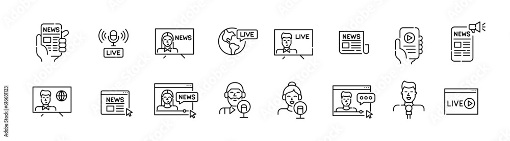 TV and news media resources. Online access to live translations, podcasts, newspapers and reports. Pixel perfect, editable stroke icons TV and news media resources. Online access to live translations, podcasts, newspapers and reports. Pixel perfect, editable stroke icons