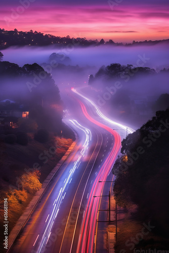 A long exposure of 30 seconds captures the movement of winter fog in Mill Valley, California