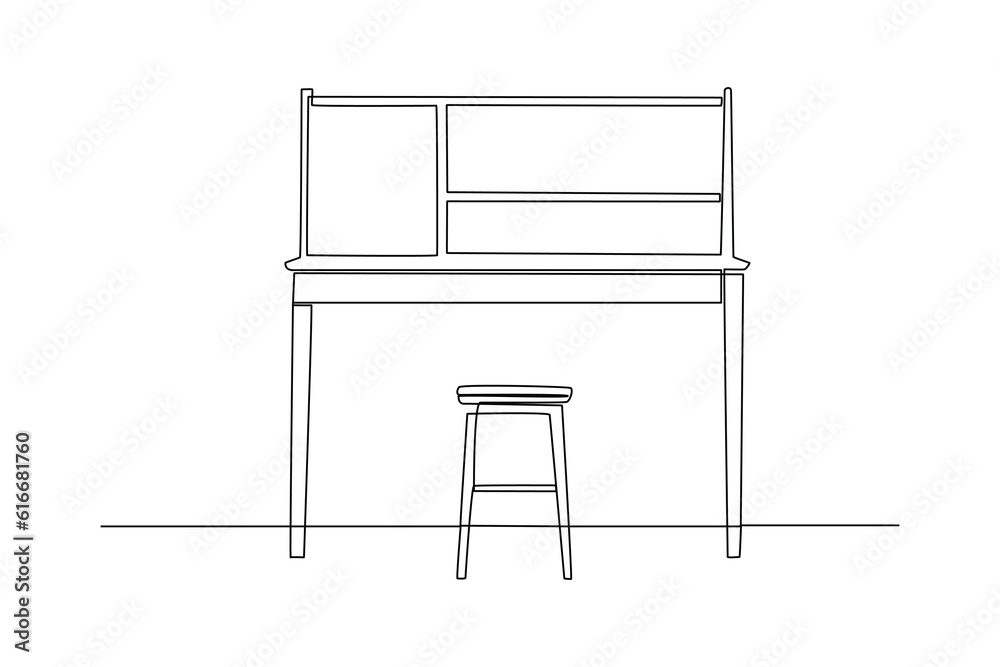 Single one line drawing Office workstation furniture interior concept. Continuous line draw design graphic vector illustration.