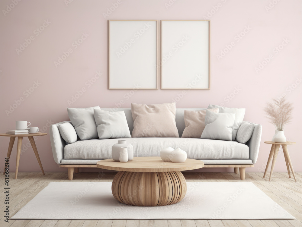 Scandinavian Living Room Interior Background Wall, Mockups Design 3D, HD
