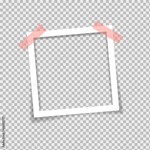 Empty photo frames with shadow effects. Vector Photo frame mockup design. Super set photo frame on sticky tape isolated on transparent background. Vector illustration.