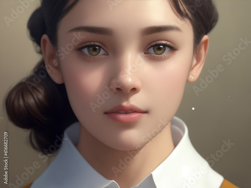Capture the essence of pure charm with this stunning portrait of a cute, beautiful girl radiating confidence and joy. Her shining face is a timeless treasure. Perfect for any project.
