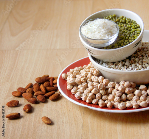 Various grains and weeds It is displayed for nutritionists to provide the best nutritional composition banner. Healthy Holdgrain food concept. photo