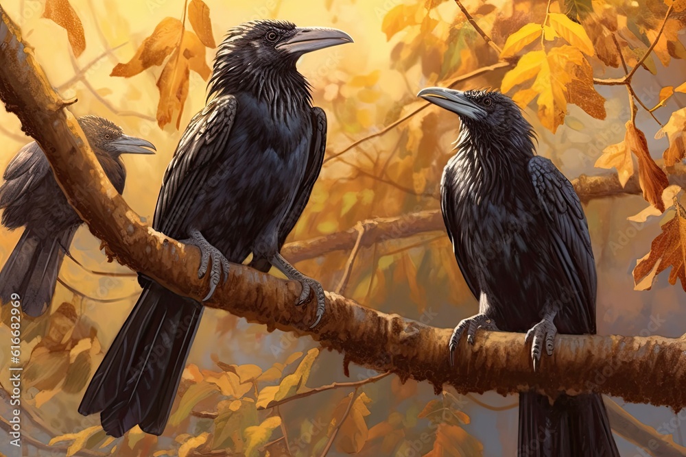 realistic scene of birds perched on tree branches, singing their melodious tunes. oil paints to create a rich texture that brings out the subtle details of their feathers - obrazy, fototapety, plakaty 