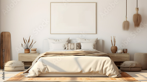 Interior of Bedroom, Mockup Frames, Room mockup, Home mockup, Bohemian style bedroom, Interior of Bedroom with bed, Generative AI