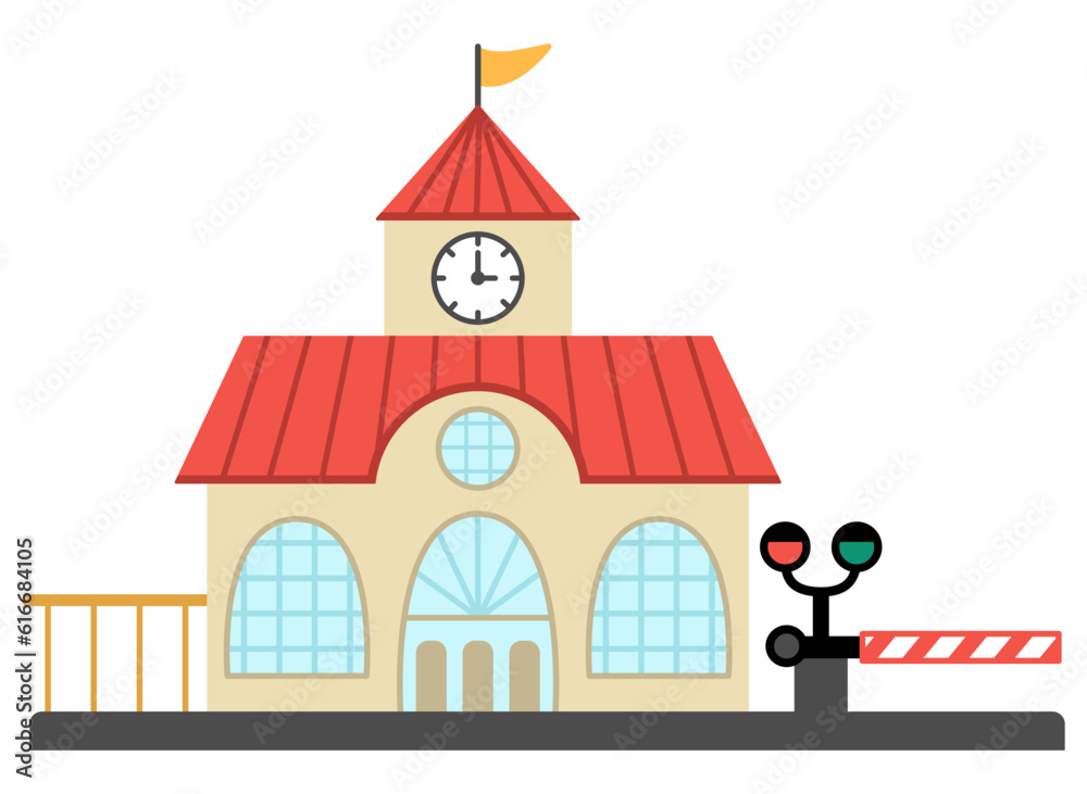 Vector railway station icon. Railroad train waiting building with clock tower, semaphore and barrier. City or countryside transportation clipart. Cute comfortable destination point for town map