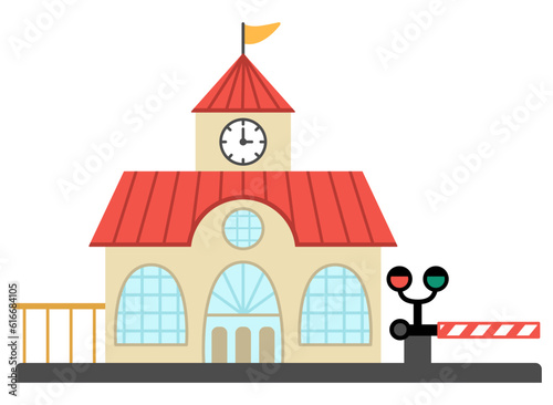 Vector railway station icon. Railroad train waiting building with clock tower, semaphore and barrier. City or countryside transportation clipart. Cute comfortable destination point for town map