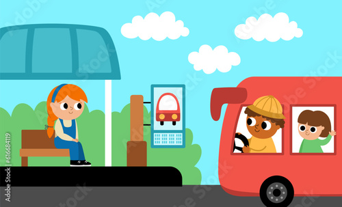 Vector horizontal scene with girl sitting on a stop and arriving bus with driver, passengers. Transportation illustration. Cute kid waiting for public transport. Cartoon child on station.