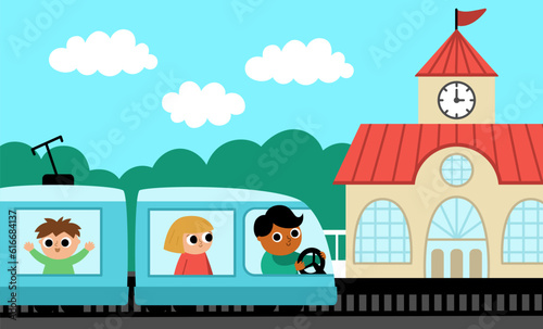 Vector horizontal scene with man driving train and passengers arriving to railway station. City or country transportation illustration. Cute kid driving transport.  Railroad vehicle landscape.