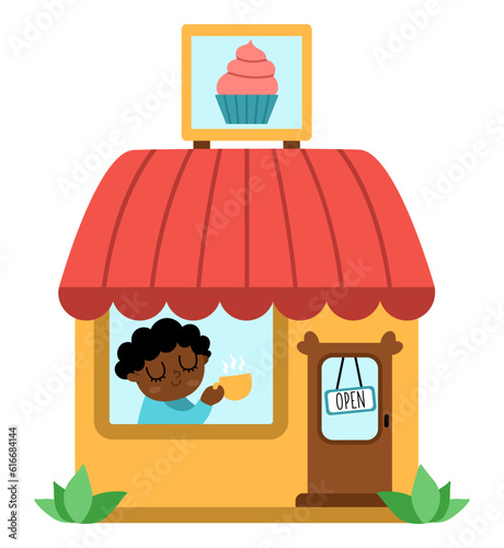 Vector cozy cafe with man drinking tea isolated on white background. Small coffee house illustration. Cute kiosk with pastry and cakes.