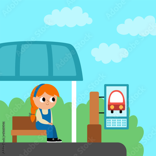 Vector square scene with girl sitting on a bus stop. Transportation illustration. Cute kid waiting for public transport. Cartoon child on a station.