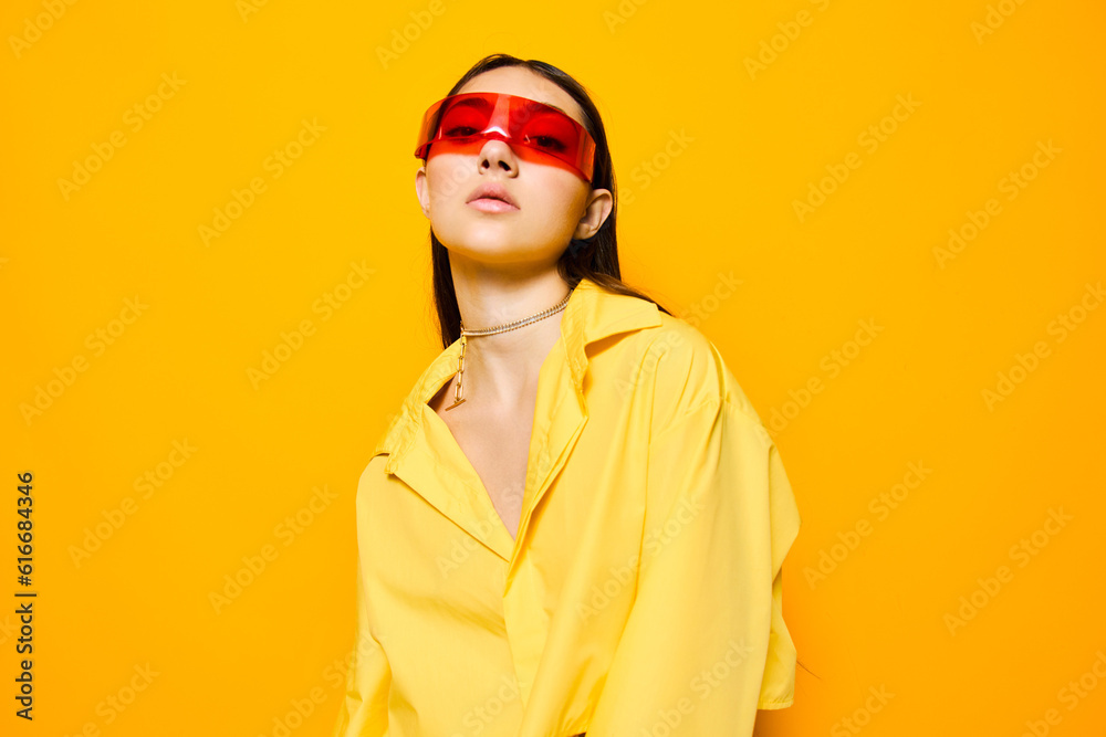 Fototapeta premium sunglasses woman joyful beautiful girl lifestyle fashion young yellow trendy attractive
