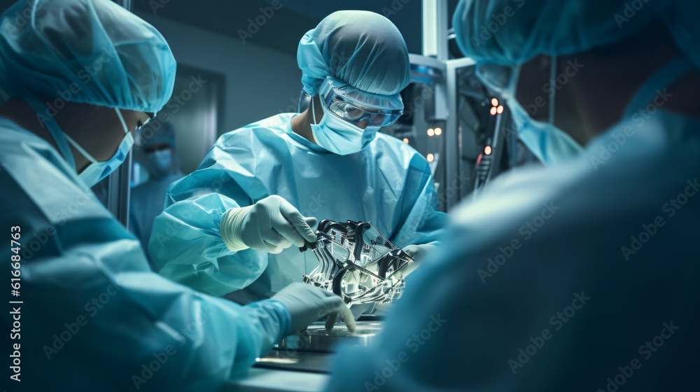 Robotics in Surgery. A photo capturing a surgeon operating with the assistance of robotic arms or surgical robots powered by AI algorithms, highlighting the precision and advancements in robotic surge