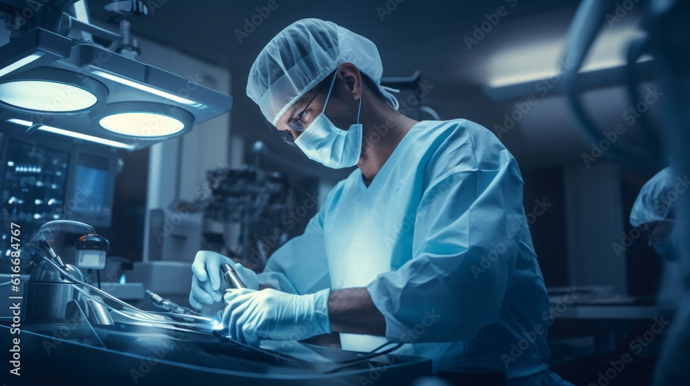 Robotics in Surgery. A photo capturing a surgeon operating with the assistance of robotic arms or surgical robots powered by AI algorithms, highlighting the precision and advancements in robotic surge Robotics in Surgery. A photo capturing a surgeon operating with the assistance of robotic arms or surgical robots powered by AI algorithms, highlighting the precision and advancements in robotic surge