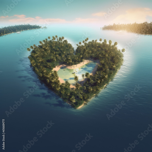 A tropical island shaped like a heart