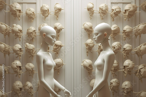 Cloning, twins, genetic biology science surreal illustration concept. Side view of two slender woman personas facing each other
